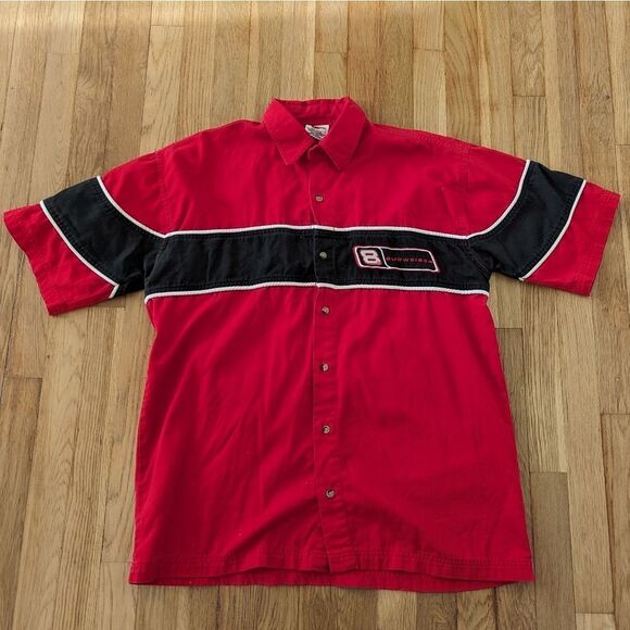 Winner's circle red black white short sleeve button down shirt dale jr Budweiser - Picture 1 of 4